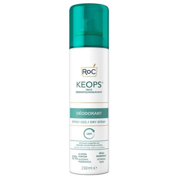 RoC Keops Déodorant Spray Sec - 48H d'Efficacité - Sans Alcool ni Parfum - 150 ml