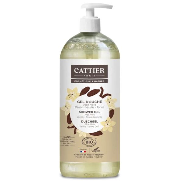Cattier Gel Douche Sans Sulfate Aloe Vera Vanille Tonka Bio 1L – Chaleur et réconfort
