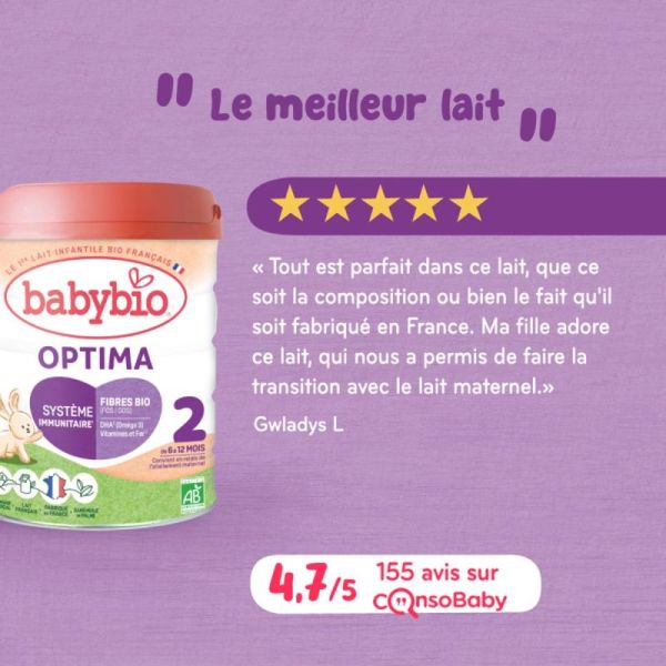 Babybio Optima 2ème âge 800 g (6 à 12 mois) Lait de suite bio, avec fibres et sans huile de palme