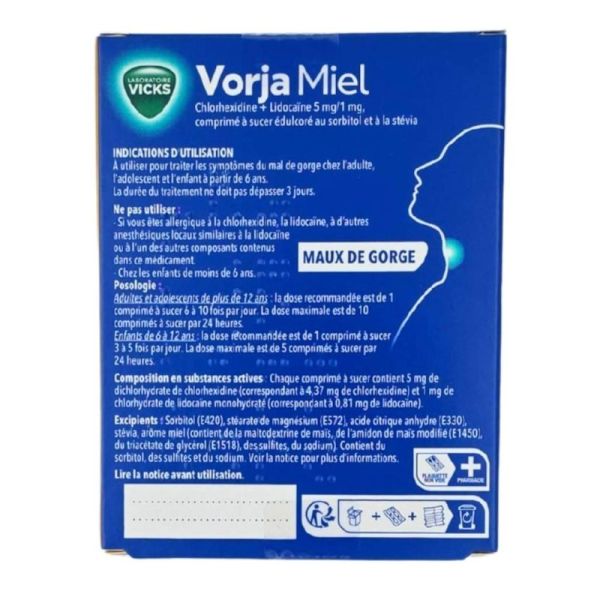 Laboratoire Vicks Vorja Miel 24 comprimés à sucer - Traitement des symptômes du mal de gorge