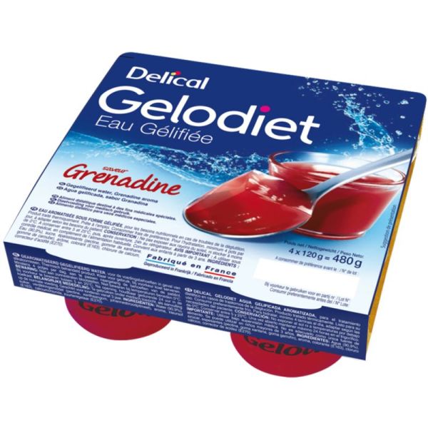 Delical Gelodiet Eau Gélifiée Grenadine 4x120g – Hydratation et déglutition