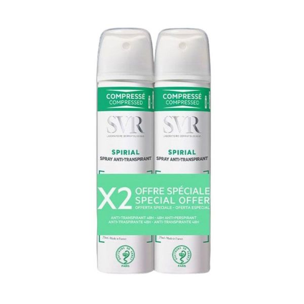 SVR Spirial Déodorant Anti-Transpirant Spray - Lot de 2 x 75 ml - Efficacité 48h