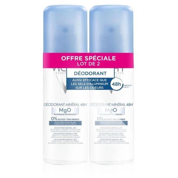 Vichy Déodorant Minéral 48H - Lot de 2 x 125 ml - Déodorant Sans Sels d’Aluminium