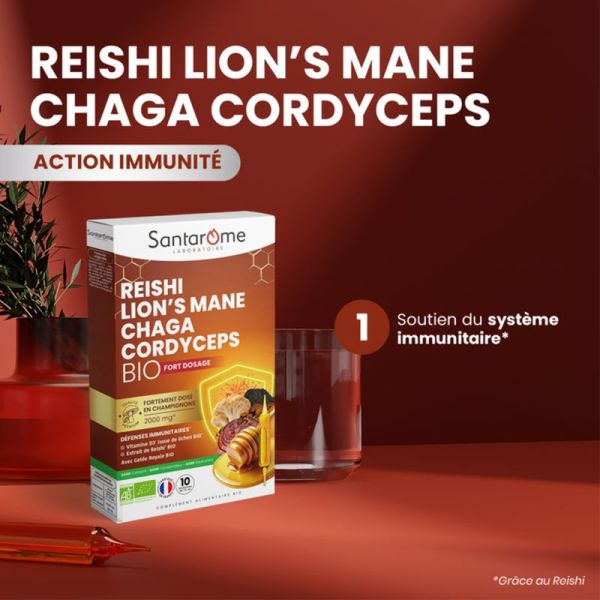 Santarome Reishi Lion's Mane Chaga Cordyceps Bio 10 Ampoules – Immunité et vitalité