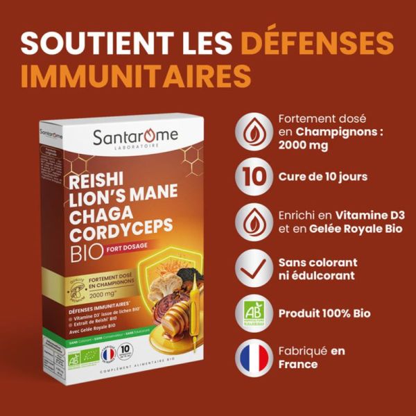Santarome Reishi Lion's Mane Chaga Cordyceps Bio 10 Ampoules – Immunité et vitalité