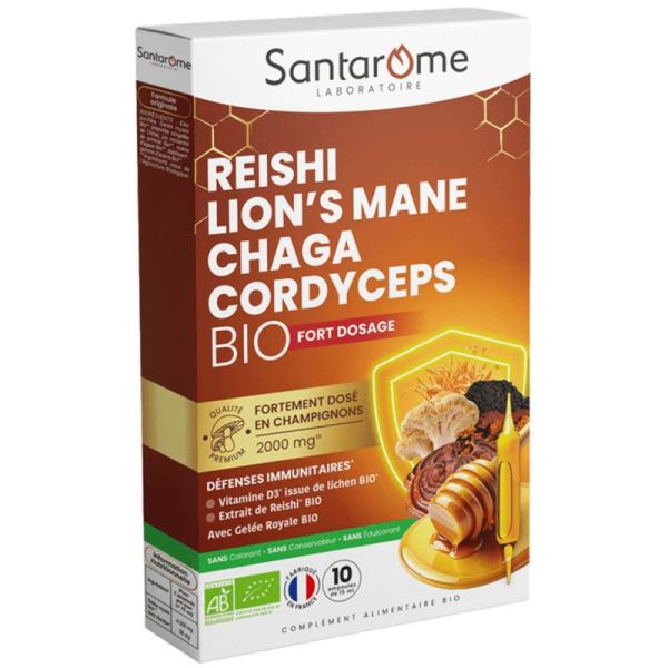 Santarome Reishi Lion's Mane Chaga Cordyceps Bio 10 Ampoules – Immunité et vitalité