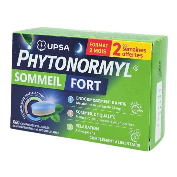 UPSA Phytonormyl Sommeil Fort 60 comprimés Mélatonine de 1,9mg  - Favorise l’endormissement rapide et un sommeil de qualité