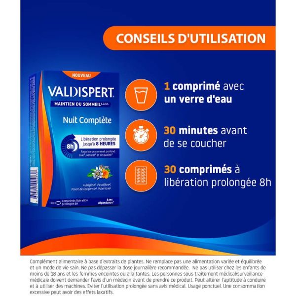 Valdispert Nuit Complète - 30 Comprimés - Favorise le Sommeil Profond, Sain, de Qualité