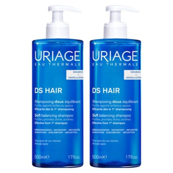 Uriage DS Hair Shampooing Doux Équilibrant 2x500ml - Purifie, équilibre et apaise le cuir chevelu sensible
