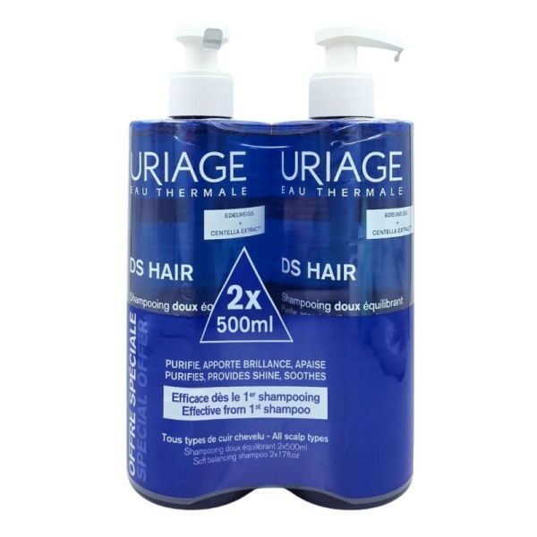 Uriage DS Hair Shampooing Doux Équilibrant 2x500ml - Purifie, équilibre et apaise le cuir chevelu sensible