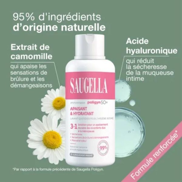 SAUGELLA Poligyn 50+ Apaisant & Hydratant Soin lavant Intime 500 ml - Solution 3-en-1 apaisante pour les inconforts de la ménopause