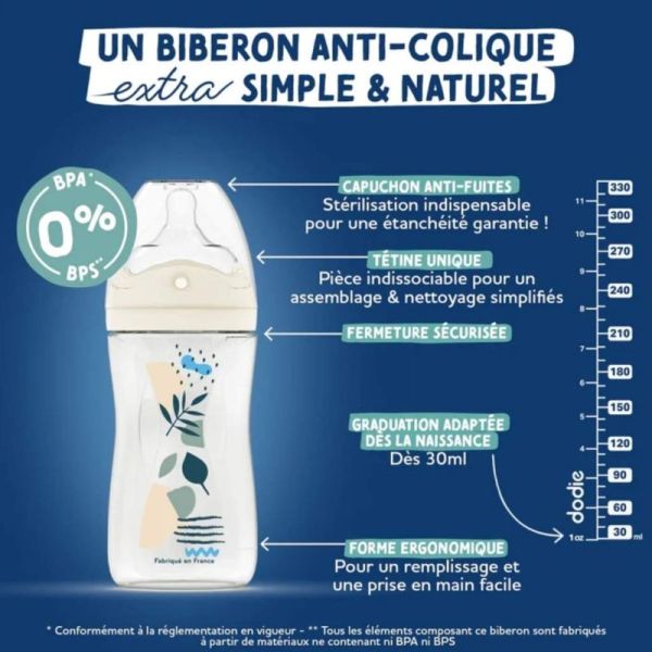 Dodie Biberon Tétine Perforée Anti-Colique 270ml Débit Moyen – Tétée naturelle et confort