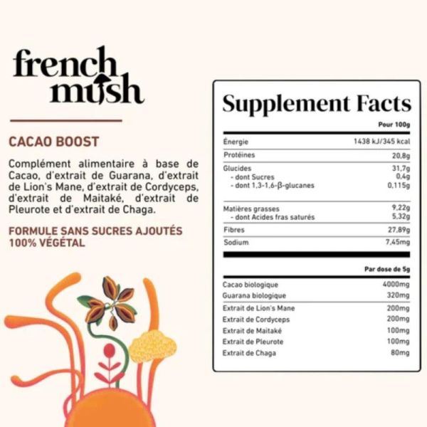 French Mush Cacao Boost 60 doses - Boisson bio aux champignons pour énergie stable et digestion