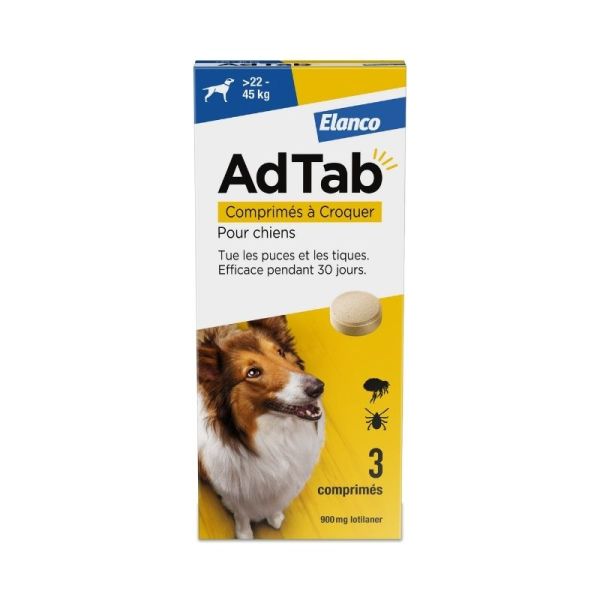 Elanco AdTab 900mg Chien 22–45 kg - 3 Comprimés à croquer - Contre les puces et les tiques, goût viande, 1 mois de protection