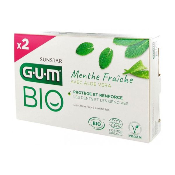 GUM Dentifrice Menthe Fraîche Aloe Vera Bio - Lot de 2 x 75 ml - Protection Caries & Haleine Fraîche
