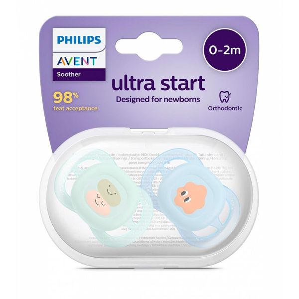 Avent Ultra Start Motifs - Sucettes Orthodontiques - 0/2 mois - Lot de 2 sucettes - Coloris Aléatoire