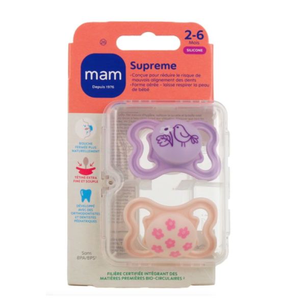 Mam Supreme Sucettes Silicone - 2/6 mois - 2 Sucettes