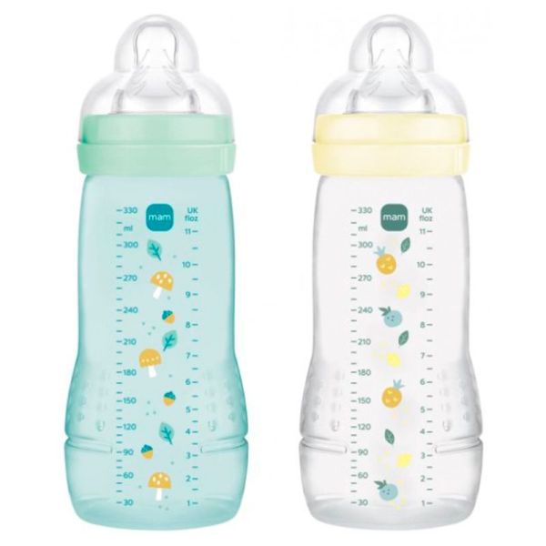 MAM Easy Active Biberons 2ème Âge - 2 Biberons de 330 ml - 6 Mois et + - Débit Très Rapide - Couleur : Ice/Pearl