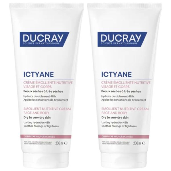 Ducray Ictyane Crème Émolliente Nutritive Visage et Corps 2x200ml – Hydratation intensive
