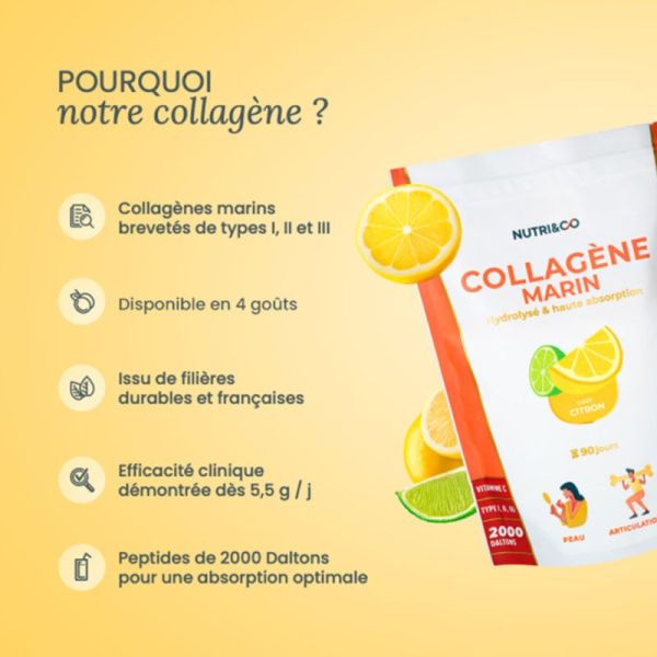 Nutri&Co Collagène Marin Citron 540g – Fermeté de la peau et confort articulaire