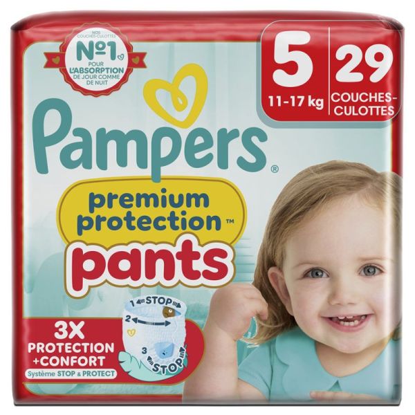 Pampers Premium Protection Pants Taille 5 de 11 à 17kg - 29 couches – Confort et anti-marques rouges