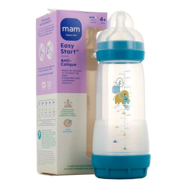 Mam Easy Start Biberon Anti Colique - Débit Rapide - Âge 4 mois et + - 320ml - Couleur : Océan