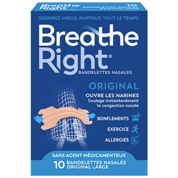 Breathe Right Bandelettes Nasales Original Large - 10 bandelettes - Respiration libre et confortable