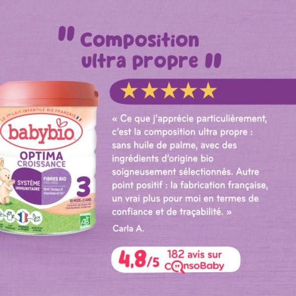 Babybio Optima 3 Croissance 800 g (10 mois à 3 ans) Lait de croissance bio avec fibres