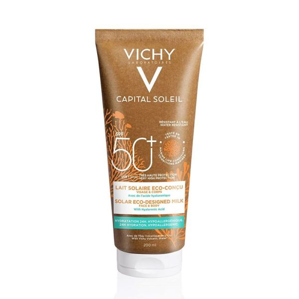 Vichy Capital Soleil Lait Solaire Éco-Conçu SPF50+ - 200 ml - Visage et Corps Tous Types de Peaux