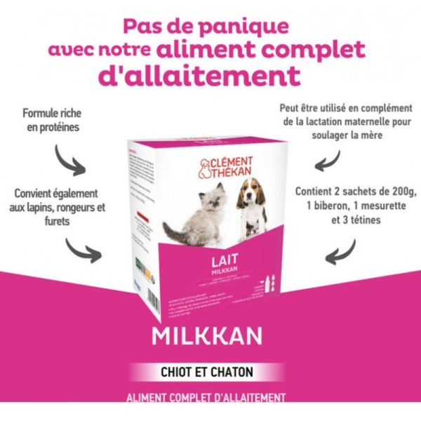 Clément Thékan Kit Allaitement Milkkan Lait Chiots et Chatons - 400 g - Nutrition complète
