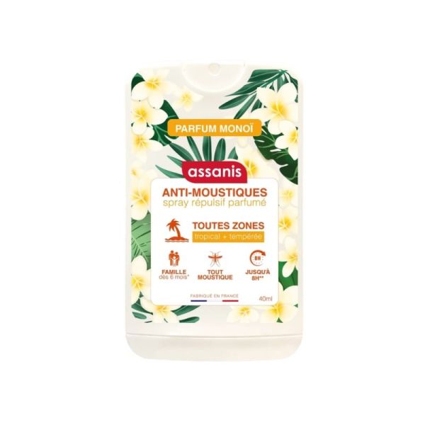 Assanis Spray Répulsif Anti-Moustiques 40 ml - Parfum Monoï - Format de poche protection longue durée zones tempérées et tropicales