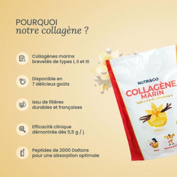 Nutri&Co Le Collagène Marin Type I II III et Vitamine C Vanille 180g – Jeunesse et articulations