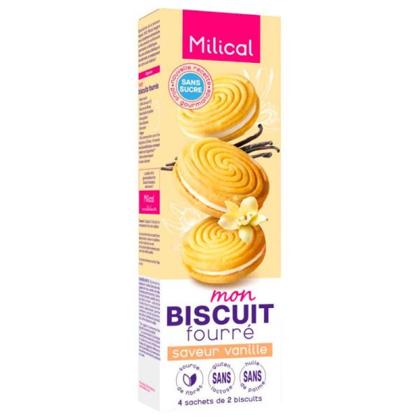 Milical Mon Biscuit Fourré - Goût : Vanille - Biscuits Diététiques - Sans Sucre - 8 Biscuits