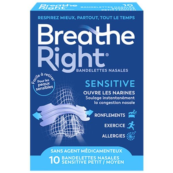 Breathe Right Bandelettes Nasales Sensitive Moyen - 10 bandelettes - Soulagement immédiat et douceur