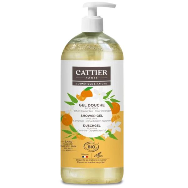 Cattier Gel Douche Sans Sulfate Aloe Vera Clémentine Fleur D'oranger Bio 1L – Douceur et sérénité
