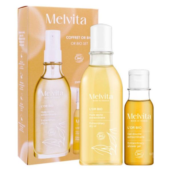 Melvita Coffret l'Or Bio Noël 2024 - Huile Extraordinaire + Gel Douche Extraordinaire - Nourrit et Sublime