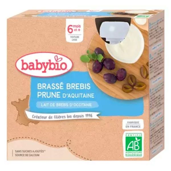 Babybio Brassé Brebis Prune Bio - 6 Mois et Plus - Texture Lisse - 4 Gourdes de 85 g