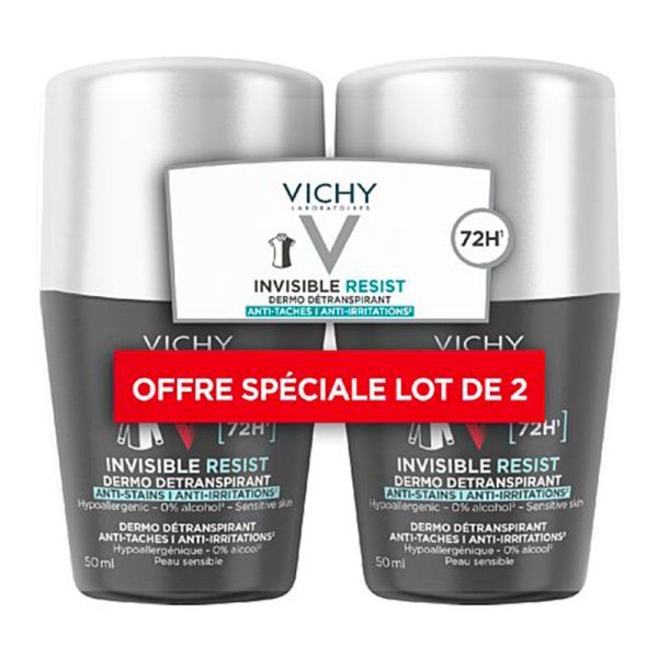 Vichy Homme Déodorant Invisible Resist Dermo Détranspirant 72h - Lot de 2 Roll-on de 50ml