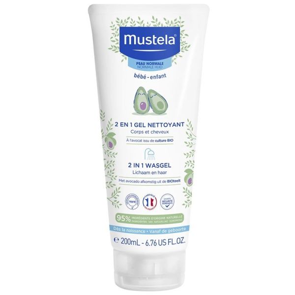 Mustela Gel Lavant Doux à l'Avocat Bio Visage, Cheveux & Corps Bébé Dès la Naissance - 200ml