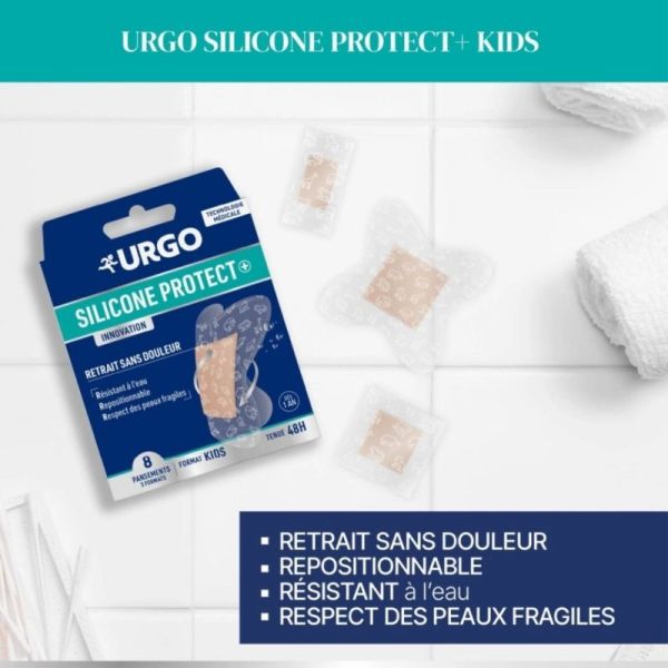 Urgo Silicone Protect + -  8 Pansements prédécoupés format kids dès 1 an - Tenue 48h