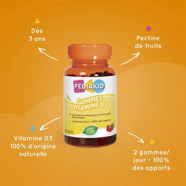 Pediakid Gommes Vitamine D3 Goût Fraise 60 Gommes – Croissance osseuse et immunité