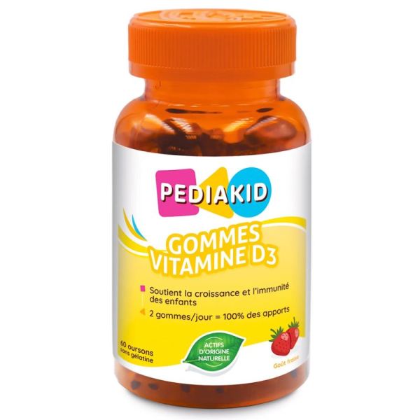 Pediakid Gommes Vitamine D3 Goût Fraise 60 Gommes – Croissance osseuse et immunité