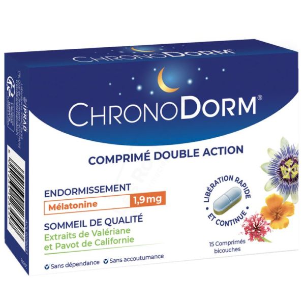 Iprad Chronodorm Double Action Mélatonine 1,9mg Valériane 15 Comprimés – Sommeil profond