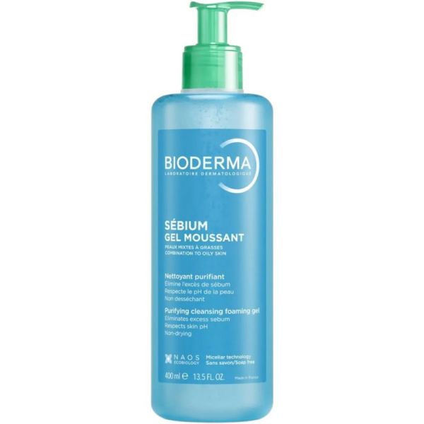 Bioderma Sebium Gel Moussant Nettoyant et Purifiant - 400ml - Nettoie, purifie et régule l’excès de sébum