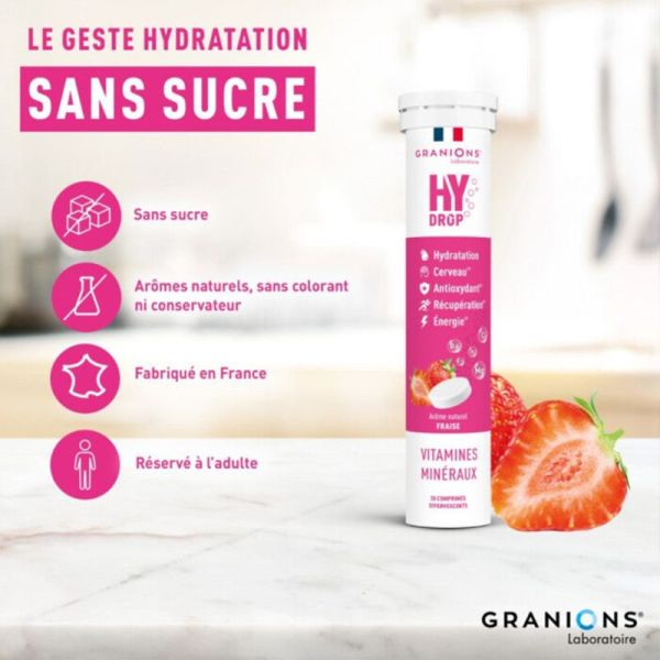 Granions Hydrop Électrolytes Fraise 20 Comprimés Effervescents – Hydratation et énergie