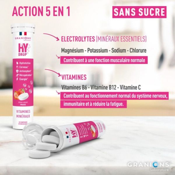 Granions Hydrop Électrolytes Fraise 20 Comprimés Effervescents – Hydratation et énergie