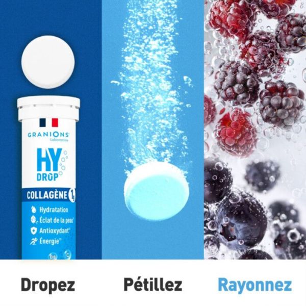 Granions Hydrop Collagène Framboise Cassis 18 Comprimés Effervescents – Hydratation et fermeté