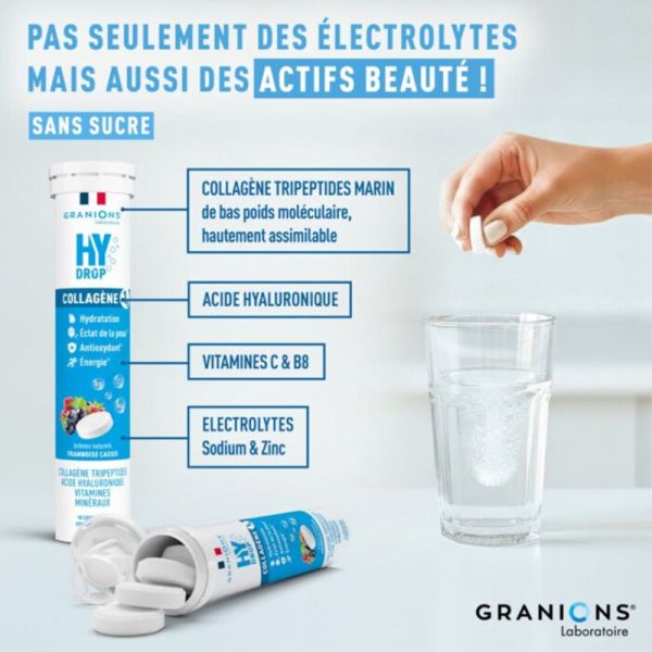 Granions Hydrop Collagène Framboise Cassis 18 Comprimés Effervescents – Hydratation et fermeté