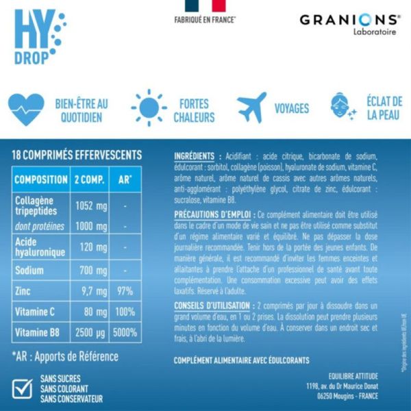 Granions Hydrop Collagène Framboise Cassis 18 Comprimés Effervescents – Hydratation et fermeté