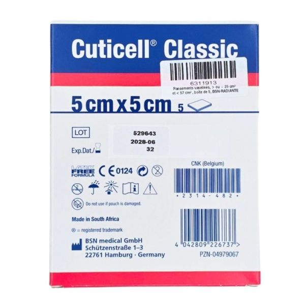 Cuticell Classic 5cm x 5cm (boîte de 5) - Compresse de gaze paraffinée non adhérente